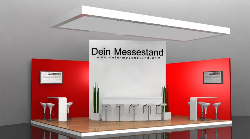 Messestand mit weißem Mobiliar - Stehtisch, hohen Stühlen und roter Wand.